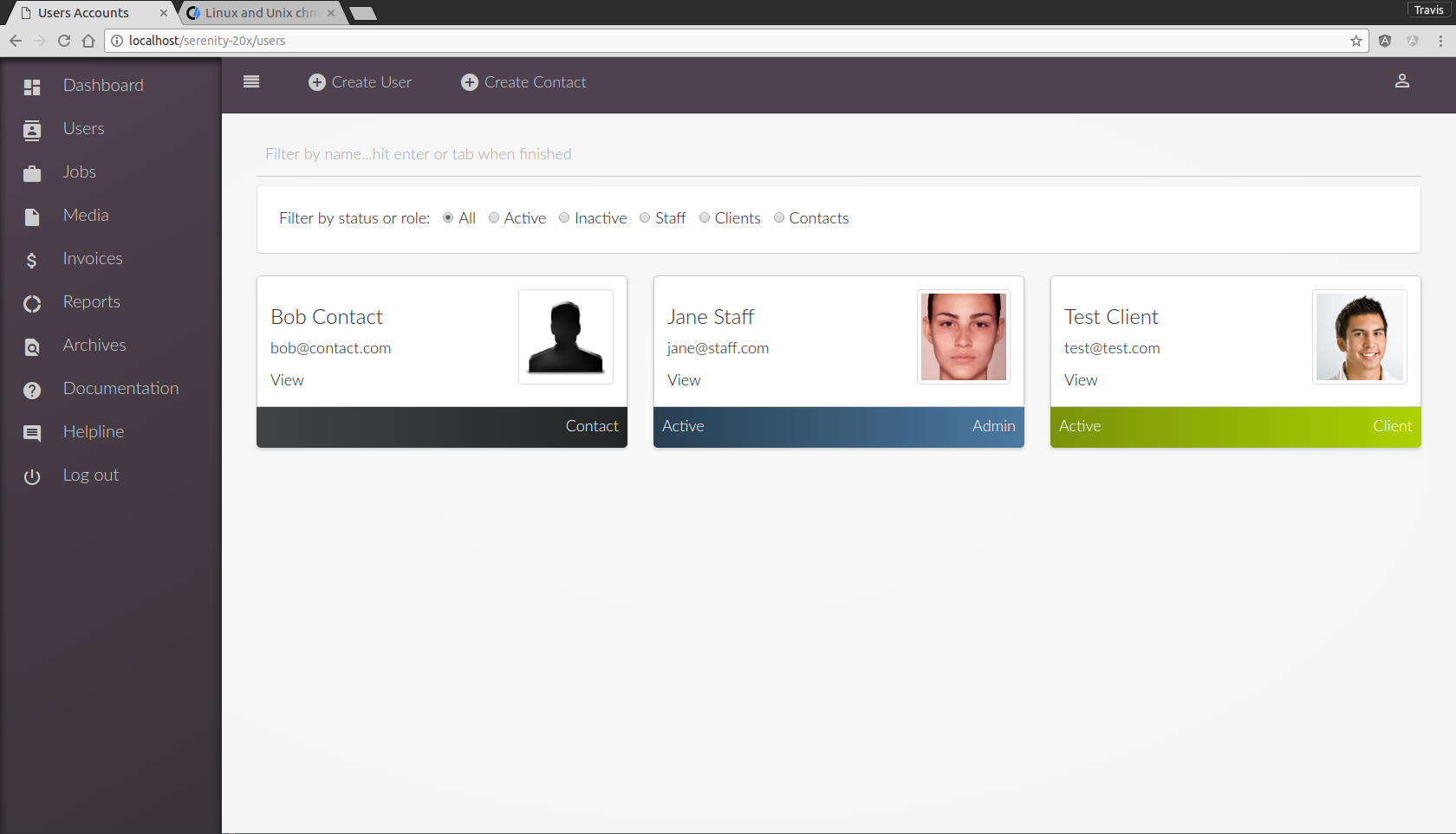 A screen shot of the Serenity users page